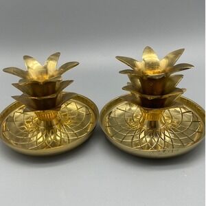 Vintage Brass Pineapple Candle Holders Set Tiki Decor Tropical Gold